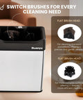 Automatic Electric Portafilter Cleaner With Quick Snap Three Way Mount And Six Liter Reservoir Fits Fifty One And Fifty Eight Millimeter Espresso Baskets showing switchable brush heads for different cleaning needs.