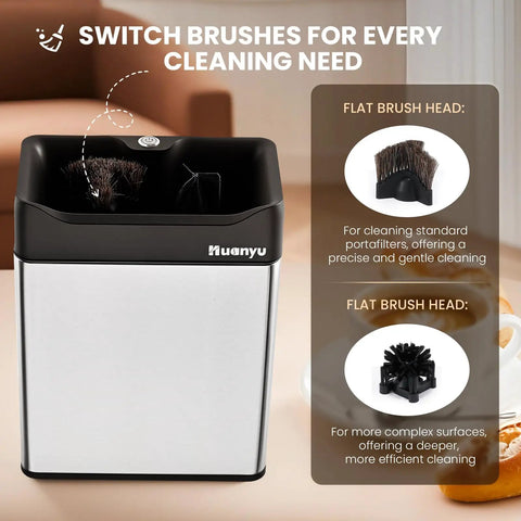Automatic Electric Portafilter Cleaner With Quick Snap Three Way Mount And Six Liter Reservoir Fits Fifty One And Fifty Eight Millimeter Espresso Baskets showing switchable brush heads for different cleaning needs.