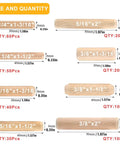 Image showing 240 Piece Wood Dowels Kit With Sizes One Quarter Inch, Five Sixteenths Inch, And Three Eighths Inch, labeled by size and quantity.