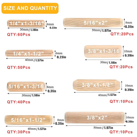 Image showing 240 Piece Wood Dowels Kit With Sizes One Quarter Inch, Five Sixteenths Inch, And Three Eighths Inch, labeled by size and quantity.