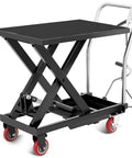 Hydraulic lift table cart, front view, black steel top, scissor lift, chrome handle, red caster wheels