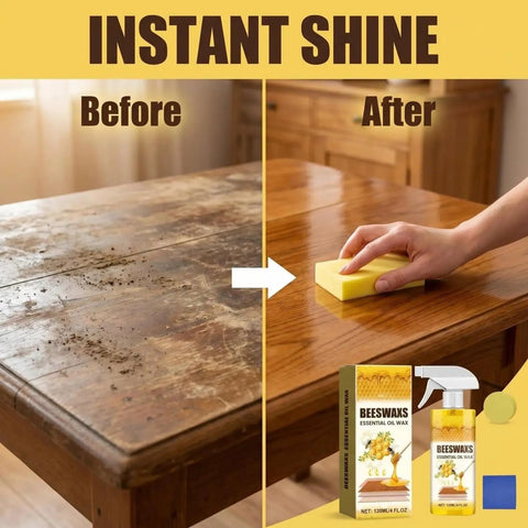 Beeswax Furniture Polish And Cleaner With Quick Fix Wood Repair Stick For All Wood Types Tables And Cabinets Restore Natural Shine Remove Dullness And Grime In One Easy Spray Wipe Clean No Fuss, before and after shot of a wooden table being cleaned with the product