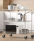 Must Have Heavy Duty 3 Tier Kitchen Utility Cart On Wheels With 661 Lbs Capacity showing wire shelves and kitchen appliances.