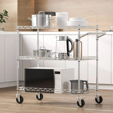 Must Have Heavy Duty 3 Tier Kitchen Utility Cart On Wheels With 661 Lbs Capacity showing wire shelves and kitchen appliances.