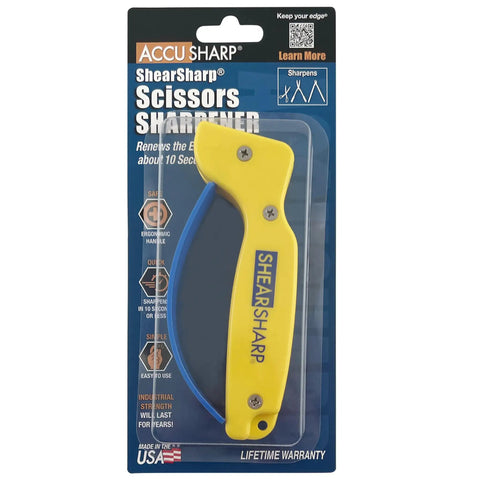 Honed Tungsten Carbide Scissors Sharpener for Kitchen, Garden, Hedge Clippers, Compact Yellow Handheld Tool in packaging