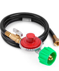 Stanbroil propane regulator hose front view with red knob, black hose, brass fittings, green end cap (48 in)