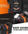 Heavy Duty Slick Smart Battery Box Fits Group 24 27 And 31 Cells Built In 12V Outlet, digital voltmeter with orange strap, outdoor use.