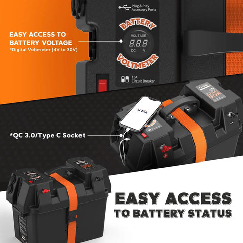 Heavy Duty Slick Smart Battery Box Fits Group 24 27 And 31 Cells Built In 12V Outlet, digital voltmeter with orange strap, outdoor use.