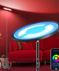 Two-Sided Smart Floor Lamp With RGBCW Color, 2000 Lumens, Alexa And Google Home Ready, 66 Inch Tall, in living room scene.