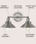 Industrial Farmhouse Nickel Two Light Metal Vanity Light Wall Sconce with Rock Solid Metal Shade for Bathroom Mirror Kitchen and Entryway LED Bulbs Included 17.5 Inch Length featuring two cone-shaped shades and labeled features like dimmer compatibility and easy assembly