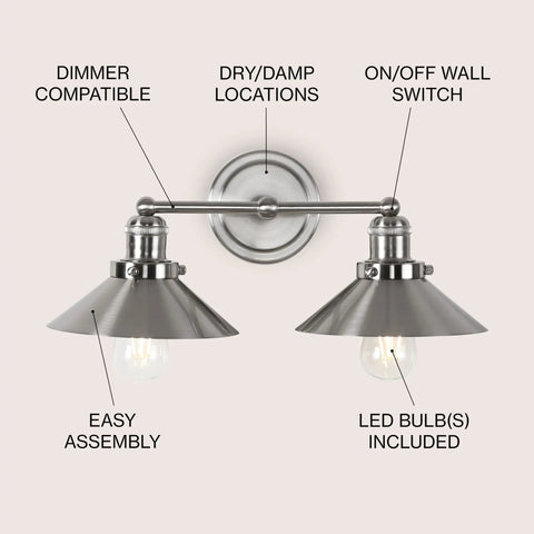 Industrial Farmhouse Nickel Two Light Metal Vanity Light Wall Sconce with Rock Solid Metal Shade for Bathroom Mirror Kitchen and Entryway LED Bulbs Included 17.5 Inch Length featuring two cone-shaped shades and labeled features like dimmer compatibility and easy assembly