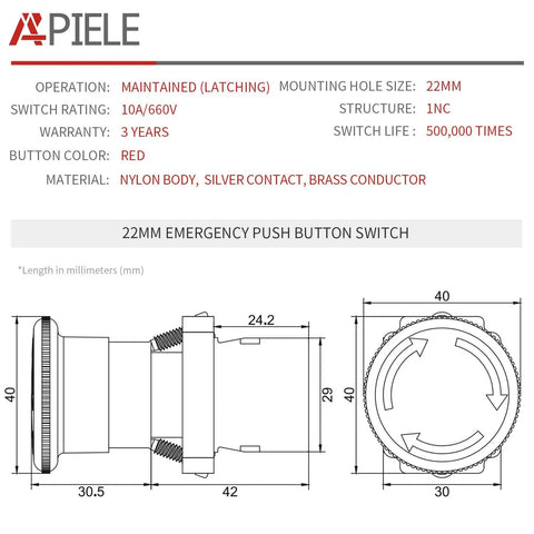 Diagram of 22mm NC Red Mushroom Emergency Stop Push Button Switch 600V 10A Panel Mount for Machinery, dimensions and specifications shown