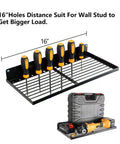 Heavy Duty Power Tool Organizer With Charging Station And Drill Holder Wall Mount Pegboard Style Garage Storage Shelves For Quick Access And Tidy Workshop Solid Metal Black, shown with tools and toolbox.