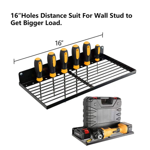 Heavy Duty Power Tool Organizer With Charging Station And Drill Holder Wall Mount Pegboard Style Garage Storage Shelves For Quick Access And Tidy Workshop Solid Metal Black, shown with tools and toolbox.