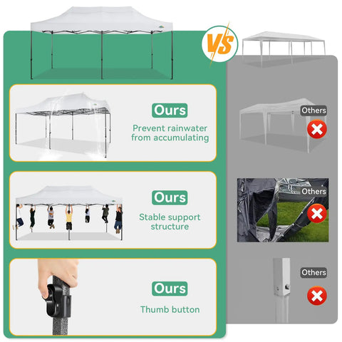 Comparison chart highlighting features of Beefed Up 10x20 Pop Up Canopy Tent With Six Sidewalls And Thickened Frame, white