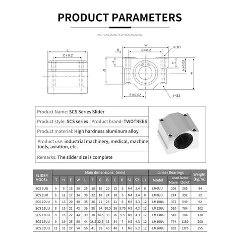 2 Pack SCS8UU Linear Motion Bearings For CNC Projects And 3D Printer Parts, Precision Machine Tools, Smooth Linear Guides For Reliable, High Precision Motion In DIY CNC, Laser, And Robotics Work. technical dimension chart and aluminum alloy slider