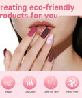 Rose Coast Gel Nail Polish Set With LED Light And Strips, hand with matte pink and maroon nails, text creating eco-friendly products