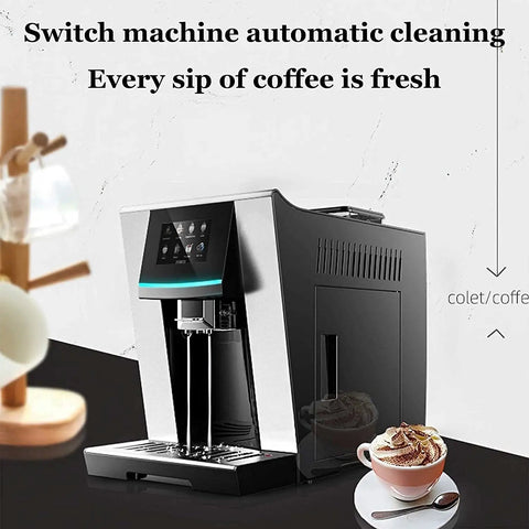 Real Deal Fully Automatic Espresso Machine With Built In Bean Grinder 19 Bar Pump Programmable Smart Coffee Maker Featuring Fast Heating And Auto Cleaning System Black on countertop with coffee.