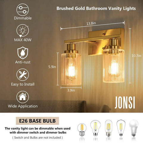 Two Light Brushed Gold Vanity Light With Fluted Glass Shade For Modern Bathroom Over Mirror Dope Gold Vanity Fixtures For Stylish Bright Master Bath Upgrade, dimensions shown with E26 base bulb compatibility.