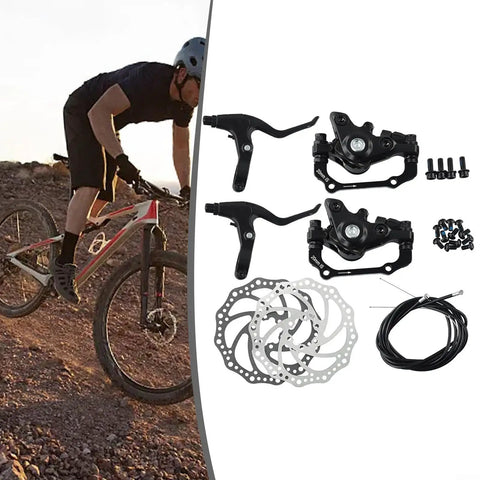Dialed In Mechanical Disc Brake Set For Hardtail And Full Suspension Mountain Bikes With 160Mm Rotors Front Rear Kit With Steel Ball Levers, shown with brake levers and rotors.