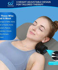 Woman using Neck And Shoulder Relaxer For Pain Relief And Cervical Traction Pillow For Neck Stretches And Spine Alignment Comfy Sleep Support