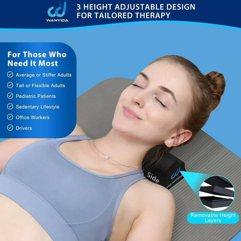Woman using Neck And Shoulder Relaxer For Pain Relief And Cervical Traction Pillow For Neck Stretches And Spine Alignment Comfy Sleep Support