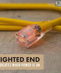Close-up of lighted plug on 75 Ft Heavy Duty Outdoor Extension Cord 10 AWG Waterproof Yellow SJTW Power Cable 15 Amp