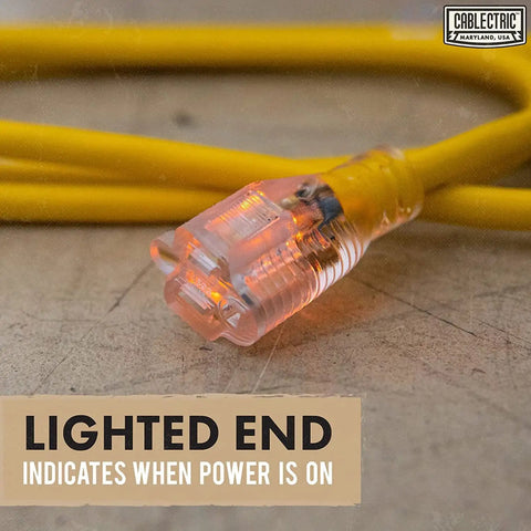 Close-up of lighted plug on 75 Ft Heavy Duty Outdoor Extension Cord 10 AWG Waterproof Yellow SJTW Power Cable 15 Amp