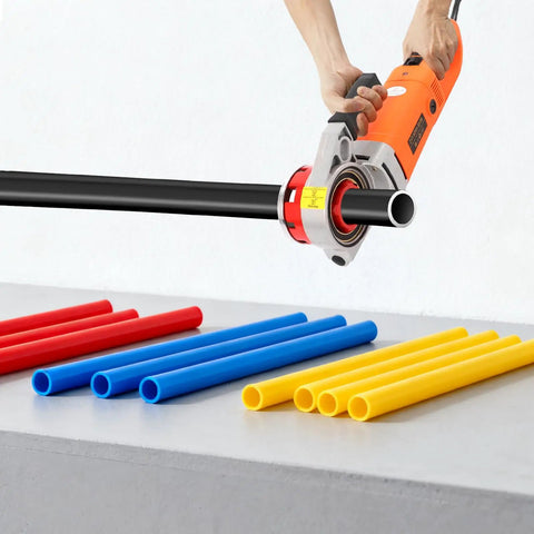 Heavy Duty Badass Portable Electric Pipe Threader Kit With Six Beefy Dies For Half To Two Inch Iron And Galvanized Tubing No Sweat Setup 2300 Watt Motor in use with black pipe and colorful tubes.