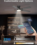 Sleek 52 Inch Black Flush Mount Ceiling Fan With Low Profile Frame And Soft Ambient Lighting Delivers Solid Airflow Without Dropping Down Or Cluttering Your Space, featuring customizable light options.