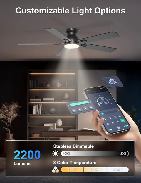 Sleek 52 Inch Black Flush Mount Ceiling Fan With Low Profile Frame And Soft Ambient Lighting Delivers Solid Airflow Without Dropping Down Or Cluttering Your Space, featuring customizable light options.