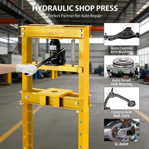 12 Ton Heavy Duty H Frame Hydraulic Shop Press Solid Steel Garage Workhorse With Safety Relief Valve and Press Plates in use for auto repair tasks