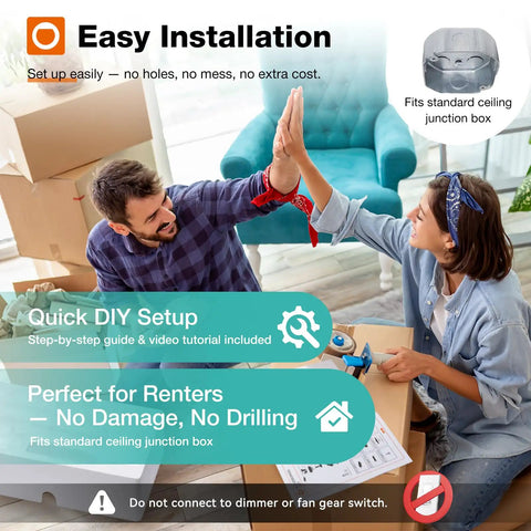 Two people high-fiving during easy installation of 52 Inch Flush Mount Ceiling Fan With Lights And Remote Control.