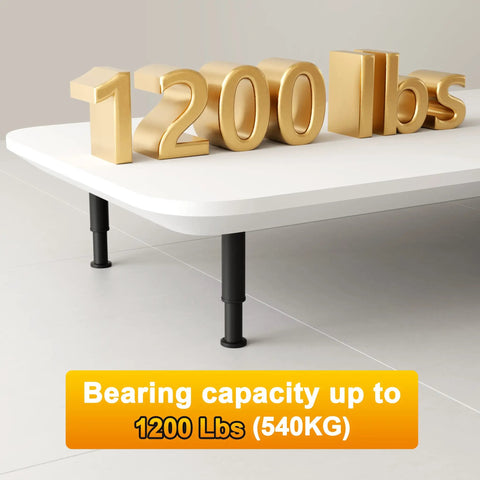 Heavy Duty Adjustable Bed Support Legs For Bedroom Frames And Living Room Sofas Includes A Bulletproof Four Piece Set Of Thick Metal Replacement Stumps With Swivel Leveling Base That Levels Out Any Floor Smooth And True From Seven To Thirteen Inches showing a sturdy frame capable of supporting 1200 lbs.