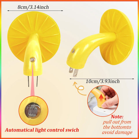 Mushroom Shaped Energy Saving Sensor LED Night Light With Plug In Auto On Off Multi Color Changing Led Night Light For Hallway And Bedroom Yellow Finish Long Lifespan Up To 50000 Hours, close-up of yellow plug design and sensor switch