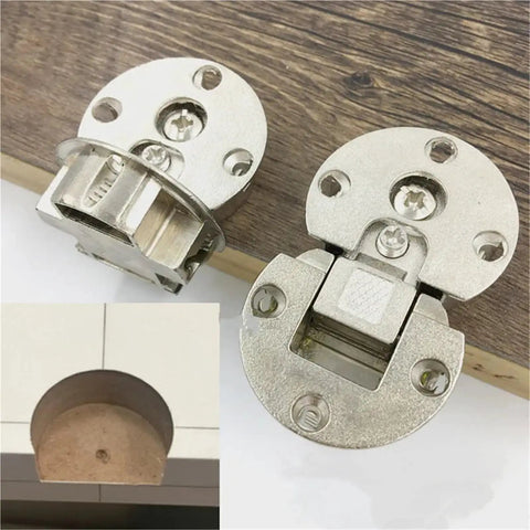 Zinc Alloy Double Cup Concealed Folding Hinges, adjustable flat cabinet hinges shown with mounting on wood panel.