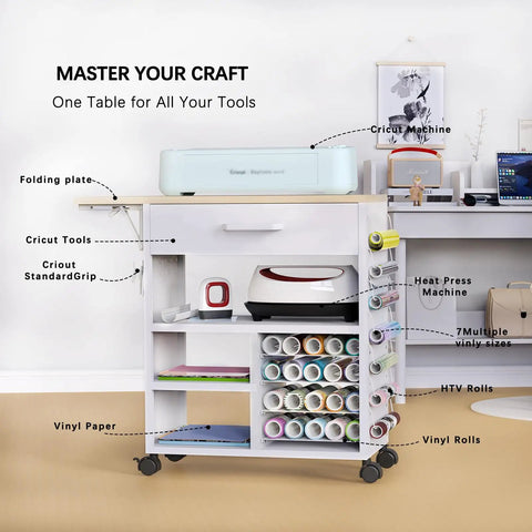 Heavy Duty Craft Cart With Adjustable Shelves And Large Drawers For Cricut And Vinyl Scrapbooking, mobile workstation on wheels