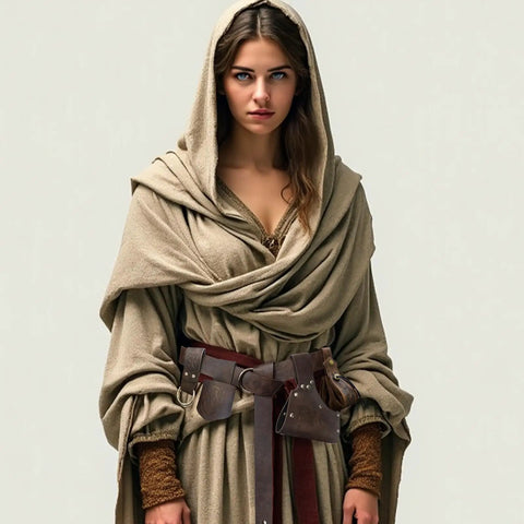 Woman wearing Six Piece Renaissance Belt Set With Pouch Sword Frog Horn Holster Skirt Clip And Medieval Accessories For Costumes Larp And Cosplay Adventures Great For Renaissance Fairs And Themed Parties Durable Belt System With Easy Access Pouches.