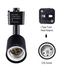 J Type Track Lighting Heads To E26 Medium Screw Base Adapters, direction adjustable, slick black finish, bulb socket view
