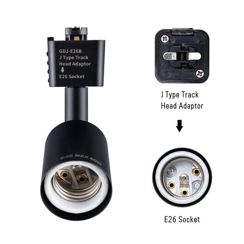 J Type Track Lighting Heads To E26 Medium Screw Base Adapters, direction adjustable, slick black finish, bulb socket view