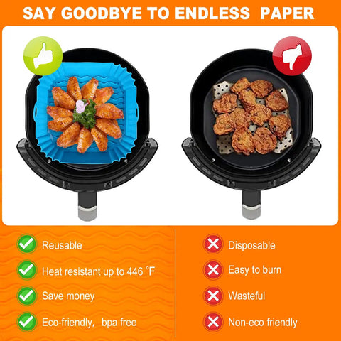 Two Pack 8 Inch Square Silicone Air Fryer Liners Reusable Inserts For 4 To 7 Qt Ovens Thick 67 Mil Food Grade Silicone Red And Blue