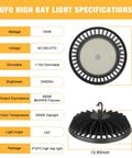 UFO high bay light specs 150W, AC100-277V, 1-10V dimmable, 24,000lm, 120° light angle with front and back view