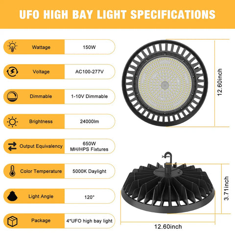 UFO high bay light specs 150W, AC100-277V, 1-10V dimmable, 24,000lm, 120° light angle with front and back view