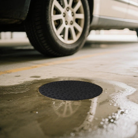 Heavy Duty Iron Floor Drain Cover For Garage Use 8 Inch Floor Strainer With Rust Resistant Powder Coated Finish Thick 1/5 Inch Steel