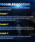 Troubleshooting guide for chassis with abnormal noise in shock absorber assembly, featuring example questions on connections.