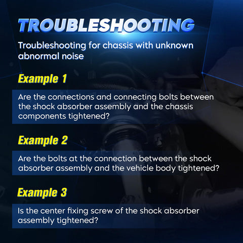 Troubleshooting guide for chassis with abnormal noise in shock absorber assembly, featuring example questions on connections.