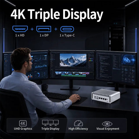 Slick Ultra Compact N6005 Mini PC Fanless Firewall Router Built For OPNsense Networks, Packs 32GB DDR4 RAM And 512GB SSD Storage, showing triple 4K display setup.
