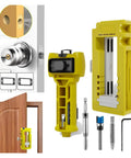 Heavy Duty Door Hinge Routing Template Fits Three To Five Inch Hardware For One Point Three Eighths Inch Or Three Quarters Inch Thick Boards, yellow jig with drill bits and router setup.
