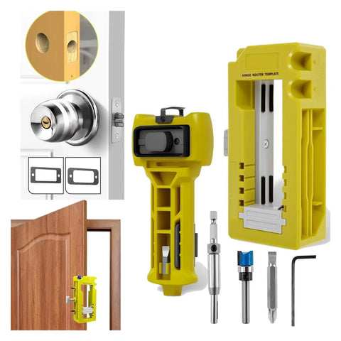 Heavy Duty Door Hinge Routing Template Fits Three To Five Inch Hardware For One Point Three Eighths Inch Or Three Quarters Inch Thick Boards, yellow jig with drill bits and router setup.