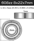 608zz bearing, 8x22x7 mm, deep groove ball bearing with double metal shields; top and side views with dimensions.